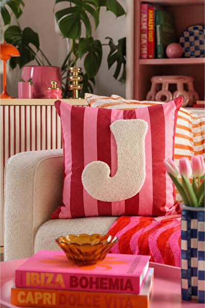 Pilloveland Punch Embroidered Throw Pillow Cover - 43*43 cm - Pink Letter J -...