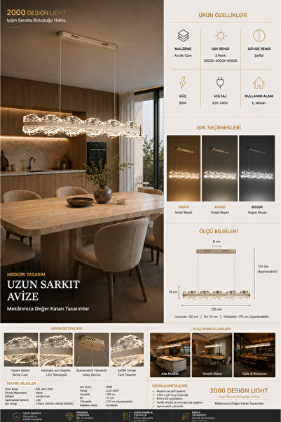 Genel Markalar 120 cm Modern Uzun LED Sarkıt Avize | 80W | 3 Renk LED Aydınlatma