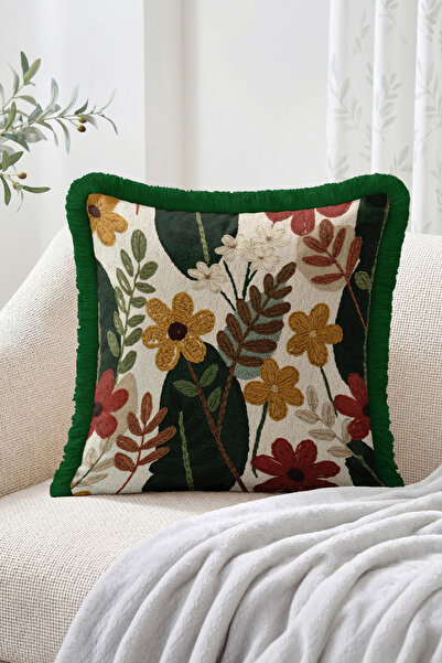 Realhomes Floral and Leaf Embroidery Look Botanical Patterned Fringed Throw P...
