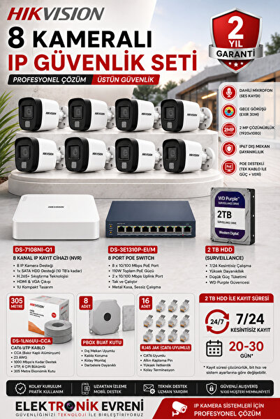 Hikvision 8 Kameralı IP Güvenlik Kamera Seti 2 MP Sesli Gece Görüşlü 2TB HDD ...
