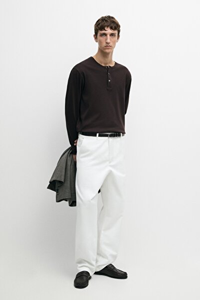 Massimo Dutti %100 pamuklu uzun kollu düğmeli yaka t-shirt