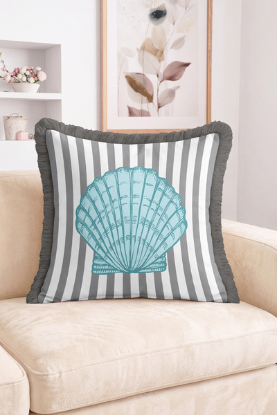 Realhomes Striped Modern Fringed Cushion Cover with Sea Shell Figures - Tassel Pillowcase