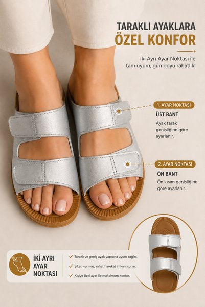 Miss Kiss Women's Silver Double Velcro Adjustable Comfortable Sole 3 cm Padded Heel Summer Casual Slippers 36-41