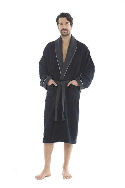Seritaine Zeus Şalyaka Men's Bathrobe - Bordered - Black - 100% Cotton