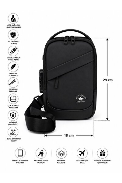 Newish Polo Erkek Siyah Usb Çıkışlı Çapraz Askılı Omuz ve Bel Çantası