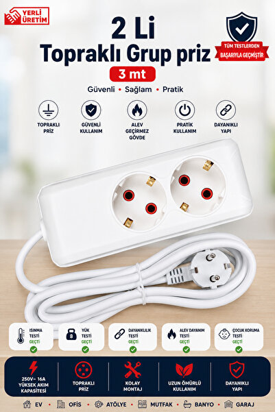 ASEL ELEKTRİK 2'li Topraklı Grup Priz 3 Metre Kablolu | 16A 250V Uzatma Prizi...