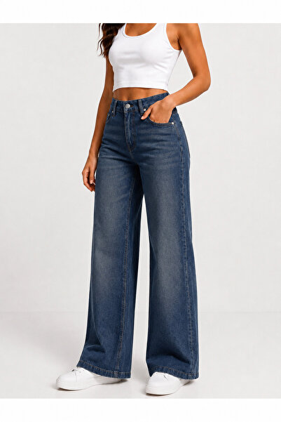 J&KSTORES Kadın Yüksek Bel Bol Paça Jean Kot Palazzo Pantolon