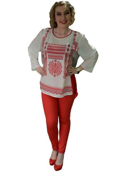 OEM Pantalon casual, nuanta rosie, talie medie, curea fashion si subtire