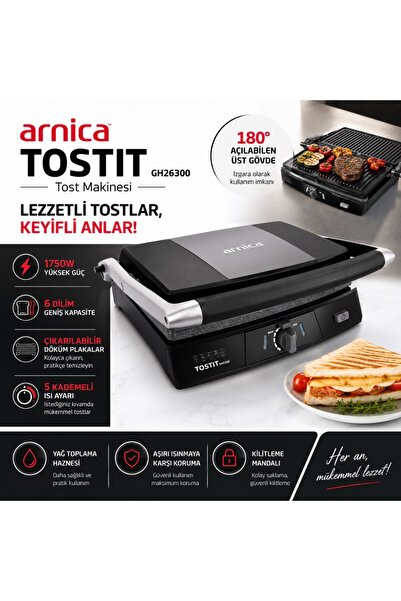 Arnica Tostit GH26300 1000 W Tost Makinesi – Çift Taraflı Çıkarılabilir Döküm...