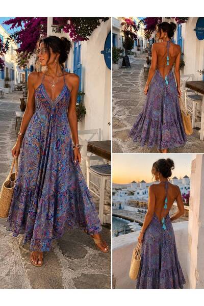 shop Kadın Mavi Şal Desenli %80 İpek Sırt Dekolteli Askılı Uzun Maxi Yazlık E...