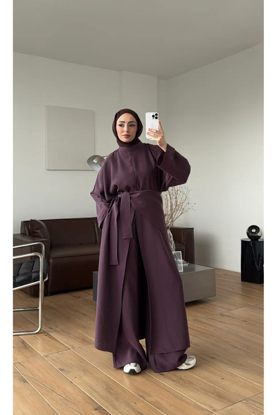 fera butik طقم نسائي من 3 قطع من قماش الكتان بلون البرقوق من سويفيا