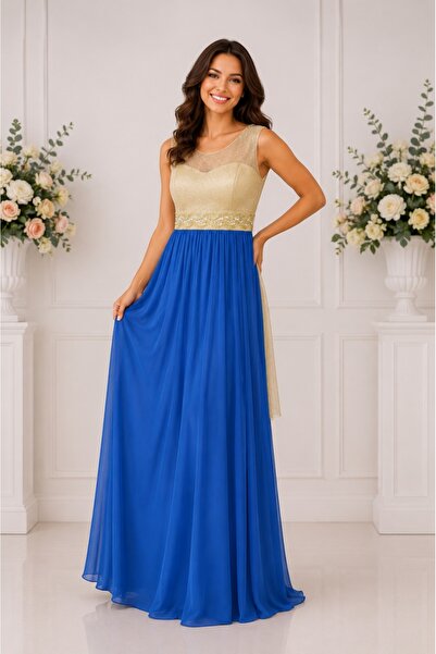 OEM Rochie de ocazie, masura mare, albastra, cu insertii de margele