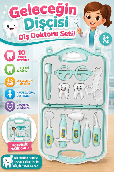 craftivio Eğitici Çantalı Oyuncak Dişçi Seti 10 Parça Kız Çocuk Diş Doktoru O...