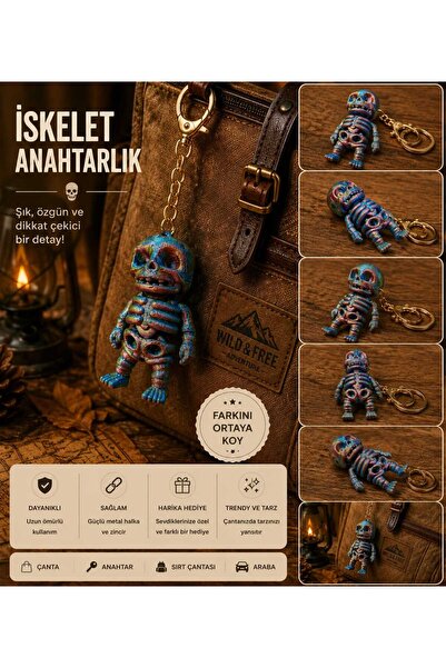 Sevimli İskelet Anahtarlık Metalik Dekoratif Çanta Süsü Anahtar Aksesuarı Hediyelik 3D Baskı