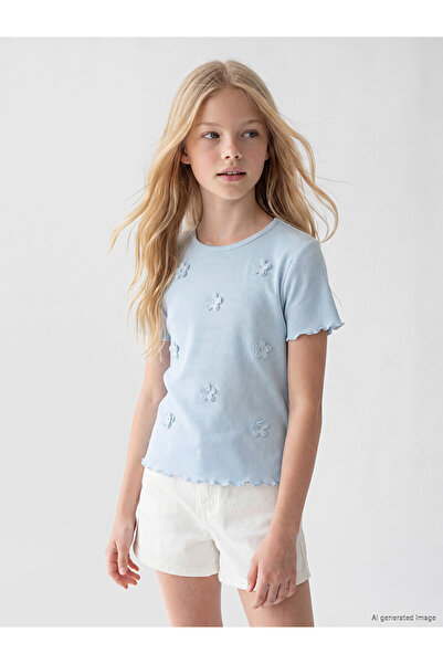 LC Waikiki Trendlucky Girl's T-Shirt with Oval Collar and Floral Applique