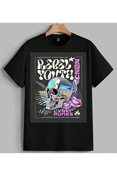 ELFERA Cyber Punk holografska majica sa glavom, unisex, velika veličina, crna