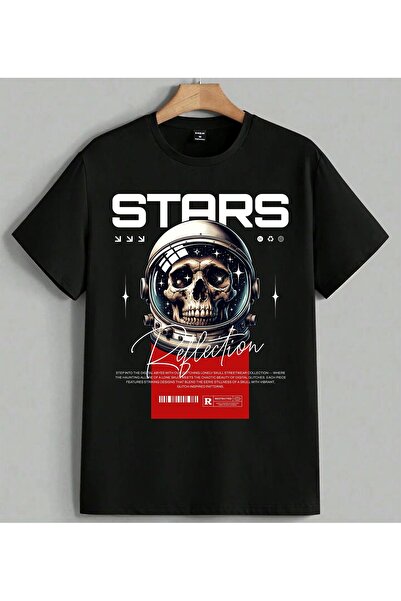 ELFERA Tricou oversize unisex cu imprimeu Space Skull Glitch Design, negru