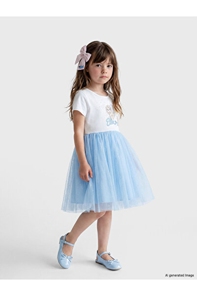LC Waikiki Original Frozen Printed Oval Collar Girls' Tulle Dress