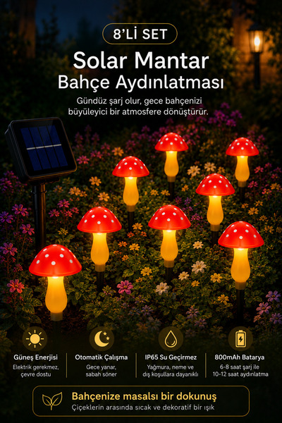 ALFAGİFT 8'li Solar Mantar Bahçe Aydınlatması Güneş Enerjili LED Bahçe Lambas...