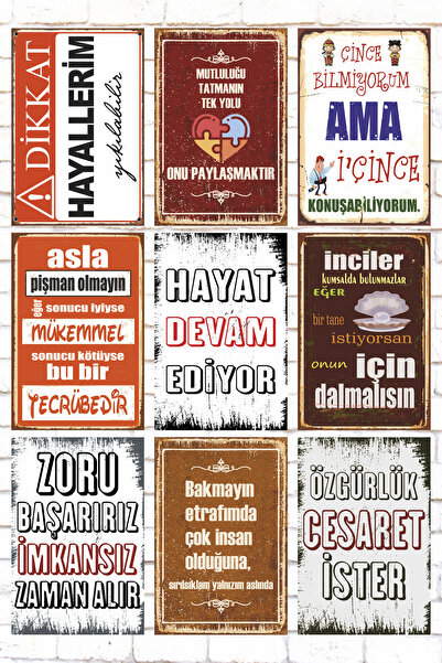 bin ler ce tablo 9 Parça Karışık Yazılı Ahşap Tablo Seti dikkat hayallerim yı...