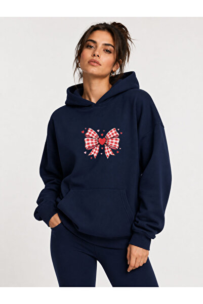 herkesemoda Ribbon Printed Hooded 2 Thread Threaded Sweatshirt