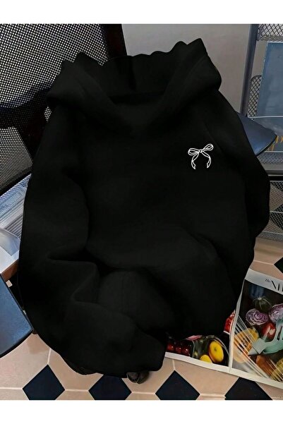 herkesemoda Ribbon Printed Hooded 2 Thread Threaded Sweatshirt