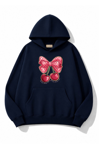 herkesemoda Ribbon Cherry Printed Hooded 2 Thread Threaded Sweatshirt