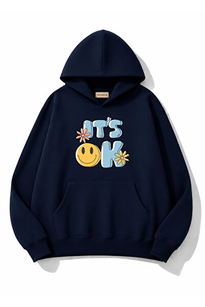 herkesemoda It's Ok Printed Hooded 2 Thread Raster Printed Sweatshirt