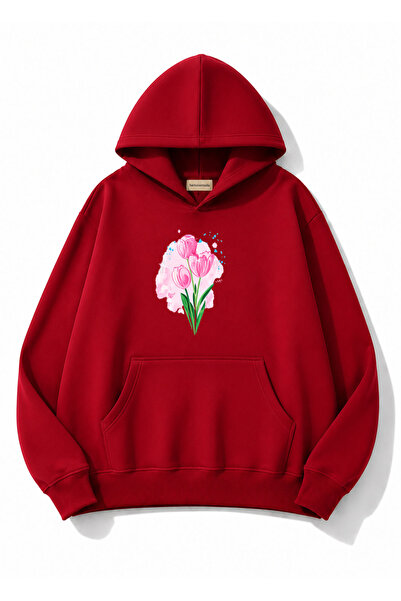herkesemoda Tulip Printed Hooded 2 Thread Threaded Sweatshirt