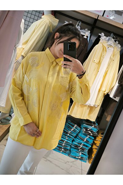 saloon collection Kadın Sarı Taş İşlemeli Oversize Uzun Kollu Gömlek