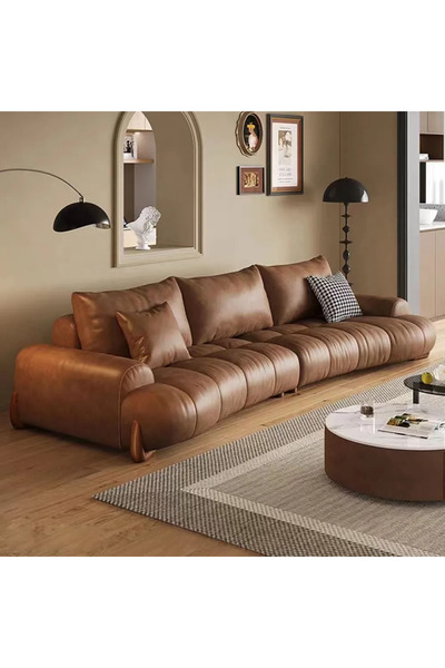 veluxe home Nuvola Kavisli Puf Deri Kanepe Hakiki Deri Üçlü Koltuk