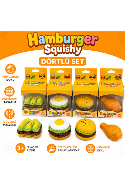 TOYTOPIA Hamburger Squishy 4’lü Set – Yavaş Yükselen Sıkma Oyuncağı, Stres Gi...