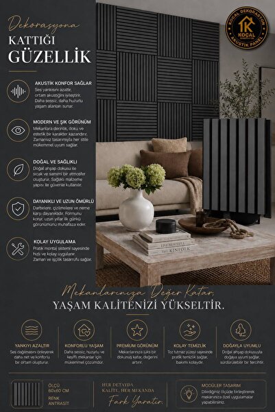 Koçal Dekorasyon MDF Ahşap Akustik Duvar Paneli 60x60 cm Antrasit Rengi