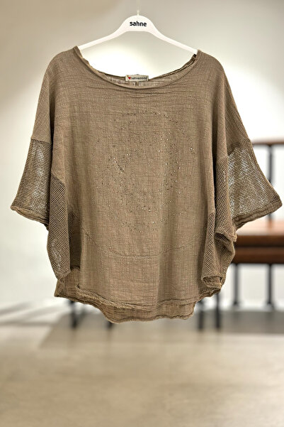 sahnemoda Yanları Oval Taşlı Oversize Keten Bluz
