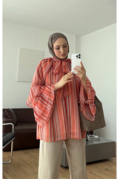 manana fashion Kolları Volanlı Şifon Fularlı Astarlı Yazlık Bluz