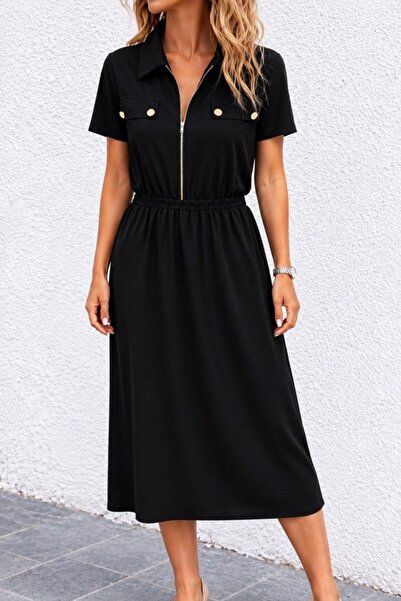 Gökyüzü Moda فستان نسائي بأكمام قصيرة وياقة وسحاب وتفاصيل جيب مزخرفة وفستان ط...