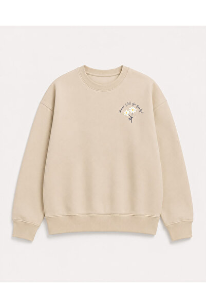 herkesemoda Daisy Print Detailed Crew Neck 2 Thread Sweatshirt
