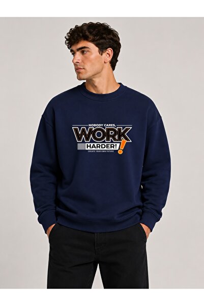 herkesemoda Work Harder Print Detailed Crew Neck 2 Thread Sweatshirt with Emb...
