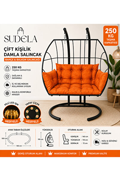 SUDELA Çift Kişilik Damla Salıncak 140 cm Premium Minderli Bahçe ve Balkon Sa...