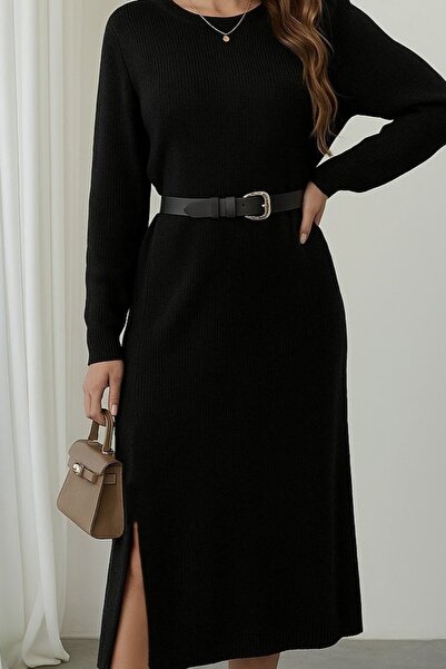 Simala    Women's Long Sleeve Crew Neck Side Slit Midi Knitwear Dress