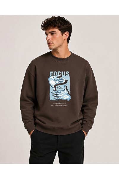 herkesemoda Focus Print Detailed Crew Neck 2 Thread Sweatshirt