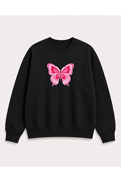 herkesemoda Butterfly Print Detailed Embroidered 2 Thread Crew Neck Sweatshirt