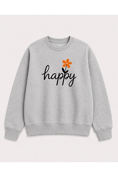herkesemoda Hanorac cu guler rotund, cu imprimeu Happy Print, detaliat, cu 2 ...