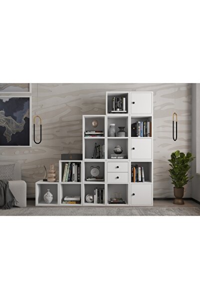 Vivense LEKSA 3 KAPAKLI ÇEKMECELİ RAFLI BASAMAKLİ KİTAPLIK 168 CM BEYAZ KTP-1...