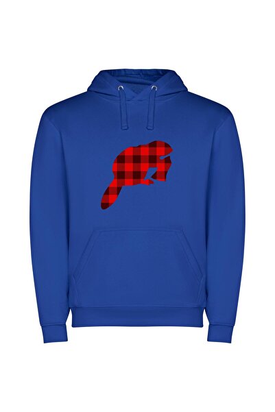 iLovePrints Plaid Lumberjack Beaver Φούτερ με κουκούλα σε χρώμα Μπλε
