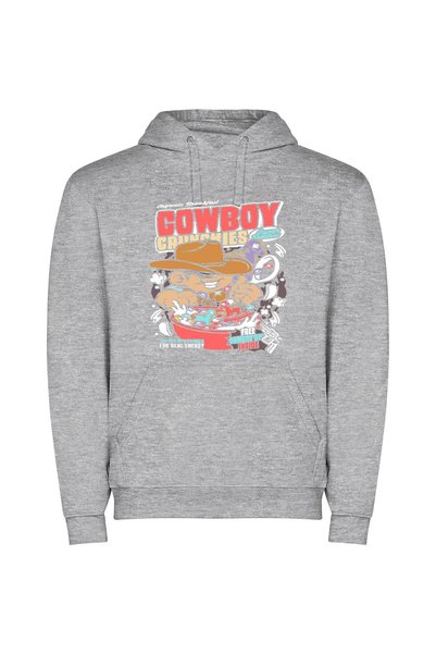iLovePrints Cereal-Eating Cowboy: Western Comic Φούτερ με κουκούλα σε χρώμα Γκρι