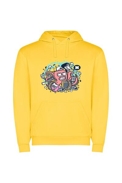 iLovePrints Ink-Clad Octo Escapades Φούτερ με κουκούλα σε χρώμα Κίτρινο