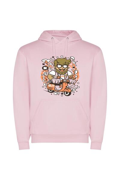 iLovePrints Scooter Ride: Cartoon Vector Φούτερ με κουκούλα σε χρώμα Ροζ