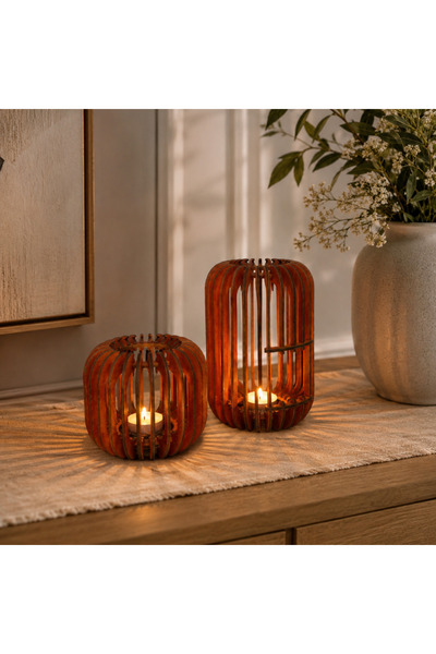 Lazer Kesim 3 mm MDF 2’li Tealight Mumluk Seti, Dekoratif Gölge Efektli