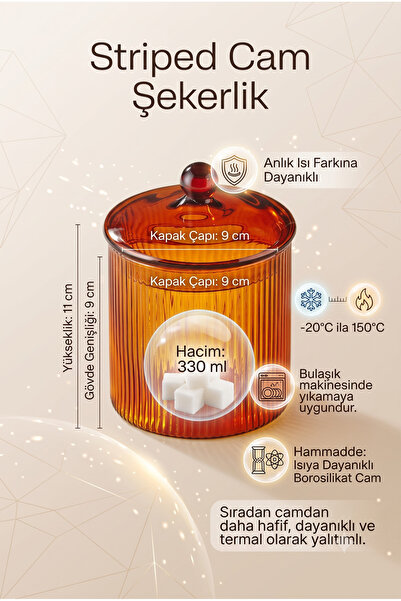 The Mia Striped Borosilikat Cam Şekerlik 330 ml Isıya Dayanıklı Kapaklı Sakla...